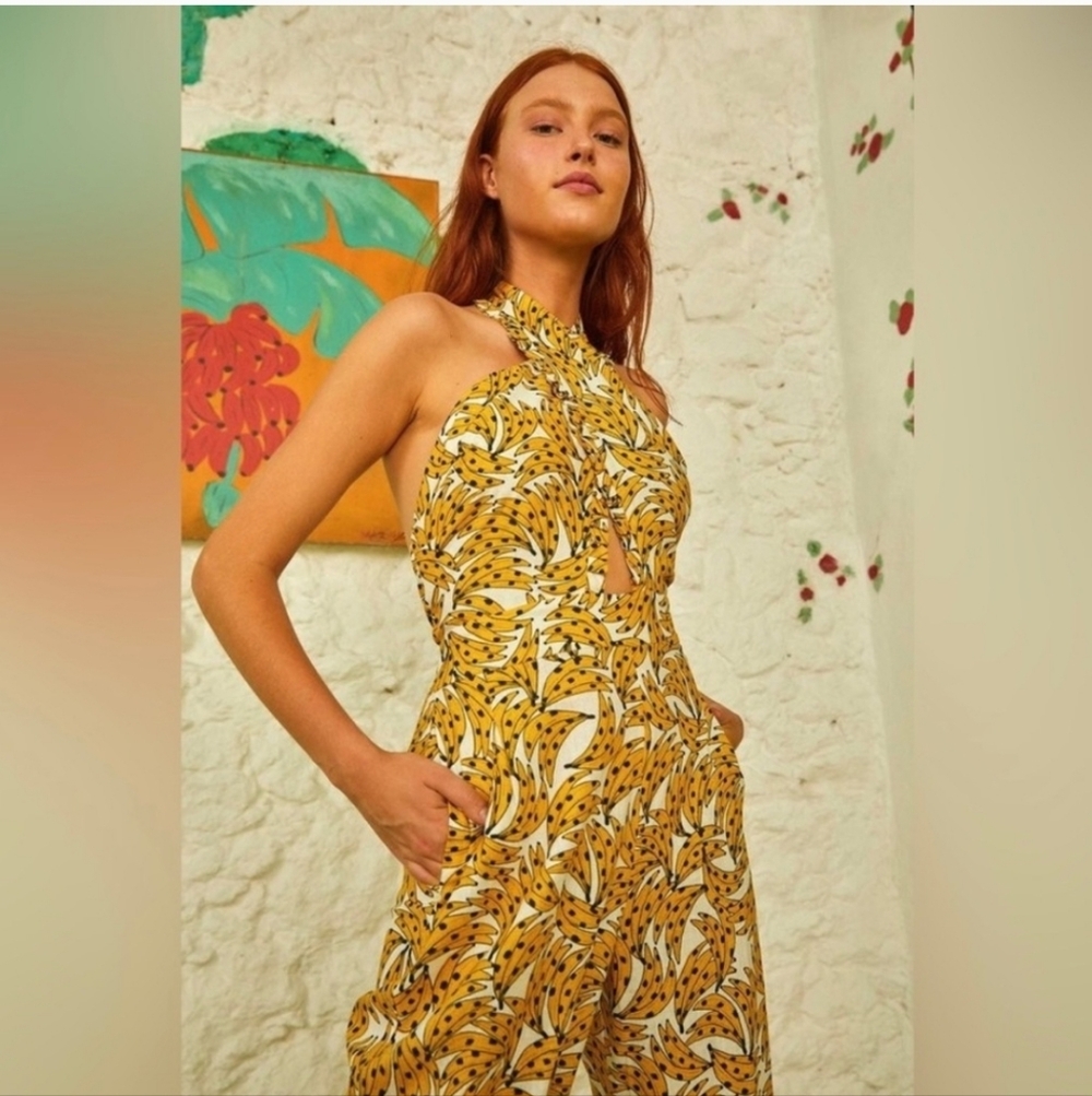 Farm Rio Spotted Bananas Crossover Halter Jumpsuit Size M Womens